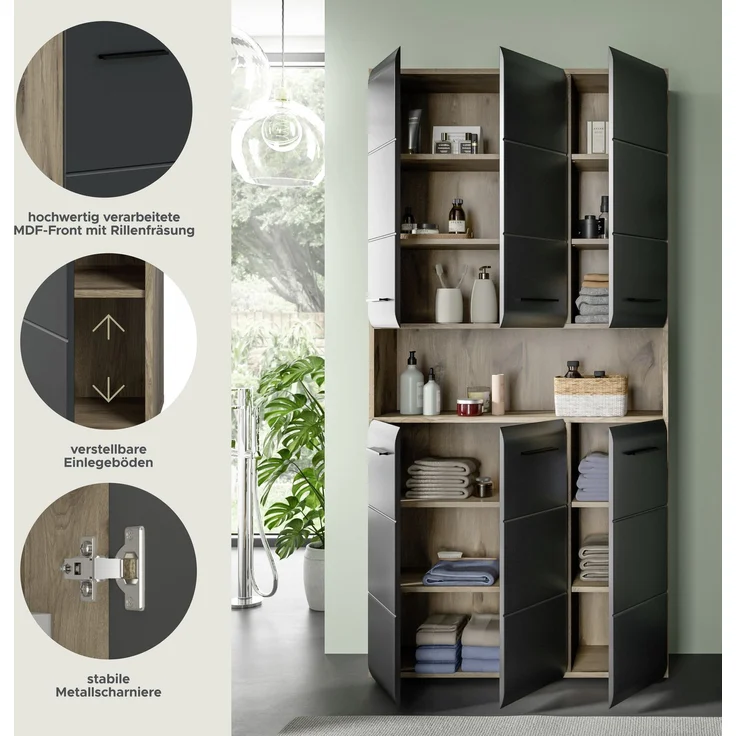 Mehrzweckschrank (B/H/T: 90x185x30 cm) in schwarz matt und Nox Oak Nachbildung – Bild 14
