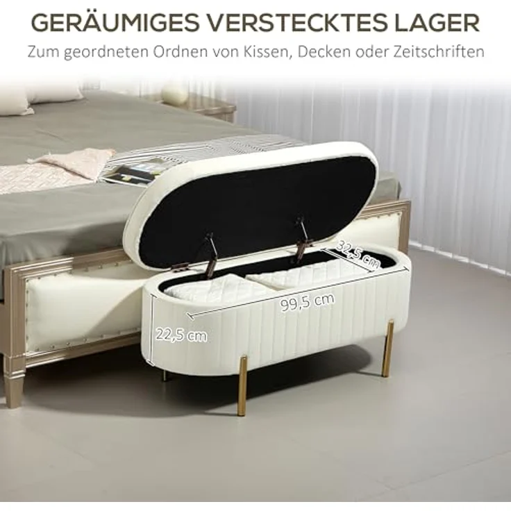 HOMCOM Sitzbank mit Klappdeckel und Stauraum (Sitztruhe, 1-St, Stoffbezug), Holz, Metall, Cremeweiß+Golden – Bild 7
