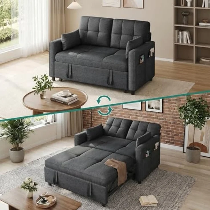 YITAHOME Schlafsofa mit Schlaffunktion, 182x136 cm Sofa, 5-stufig Verstellbarer Rückenlehne, 3-in-1 Schlafcouch mit 2 Kissen & Seitentasche, 2-Sitzer Sofa Bed für Gästezimmer, Grau – Bild 3