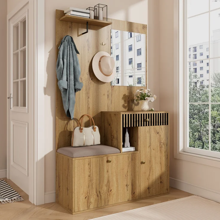 Flurschrank 110x37x185.5cm mit Sitzfläche,Soft-Close,verstellbaren Regalen,Spiegel,Haken,Schubladen,Stauraum,Natur – Bild 3