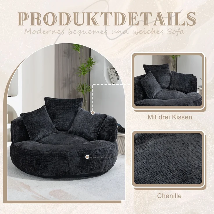 LVHOM XXL Sitzsack Chenille mit 3 Kissen, Lazy Sofa Kuschelig & Atmungsaktiv, Memory Foam Split, 108x108x52cm – Bild 3