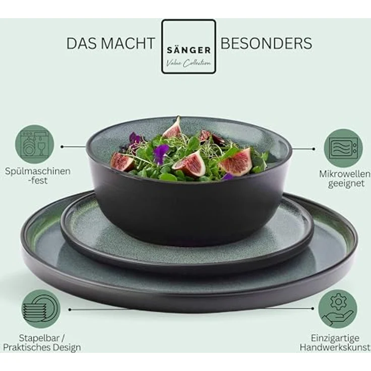 Sänger Malmö Tafelservice, 24-teilig, Steingut, kratzfest, rund, grün, inkl. 6x Speiseteller, 6x Dessertteller, 6x Schalen, 6x Pastaschalen – Bild 4