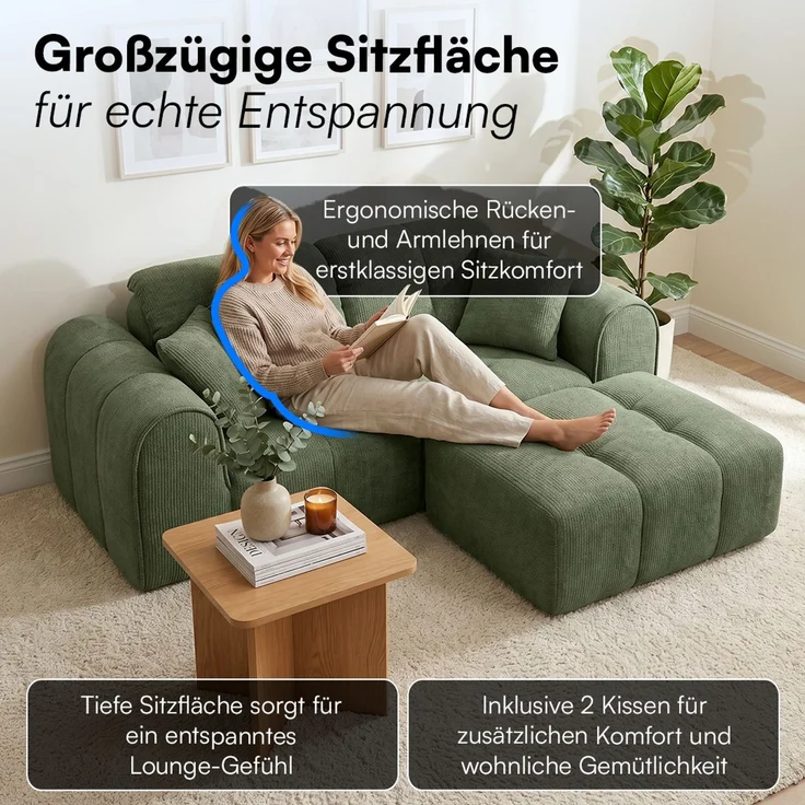 skølm 'Vanaheim' Sofa 2 Sitzer mit Hocker & 2 Kissen, Cloud Sofa dunkelgrün, Chenille-Stoff, Vollschaumcouch mit Federkern und Vakuum-Kompression, kein Aufbau erforderlich – Bild 7