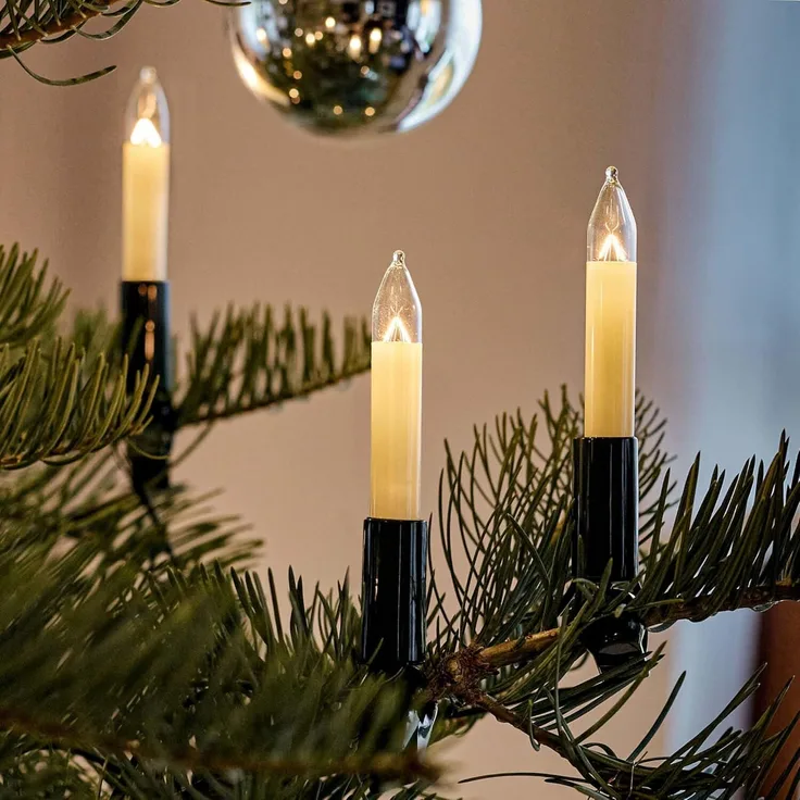 HELLUM Lichterkette Schaftkerze 15 Kerzen klar für innen Schaft/Kabel grün 12,8m elfenbein