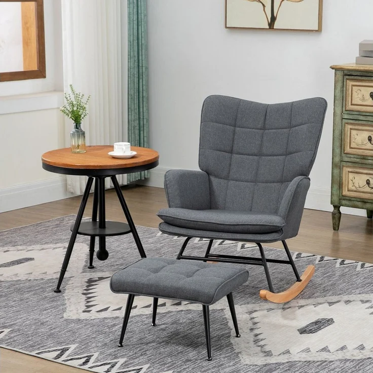 HOMCOM Schaukelsessel mit Hocker, Relaxsessel mit Leinenoptik (Armlehnsessel, 2-St, Schwingsessel), für Wohnzimmer, Schlafzimmer, Grau – Bild 1