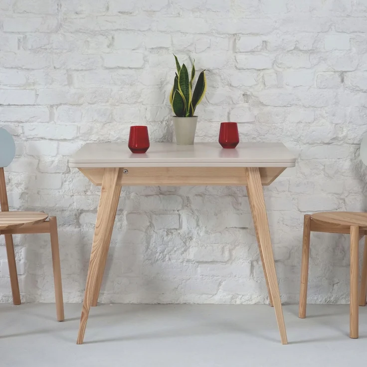 Ragaba rechteckiger ausziehbarer Tisch, MDF & Massives Eschenholz, 90x65 cm, Braun Beige – Bild 6