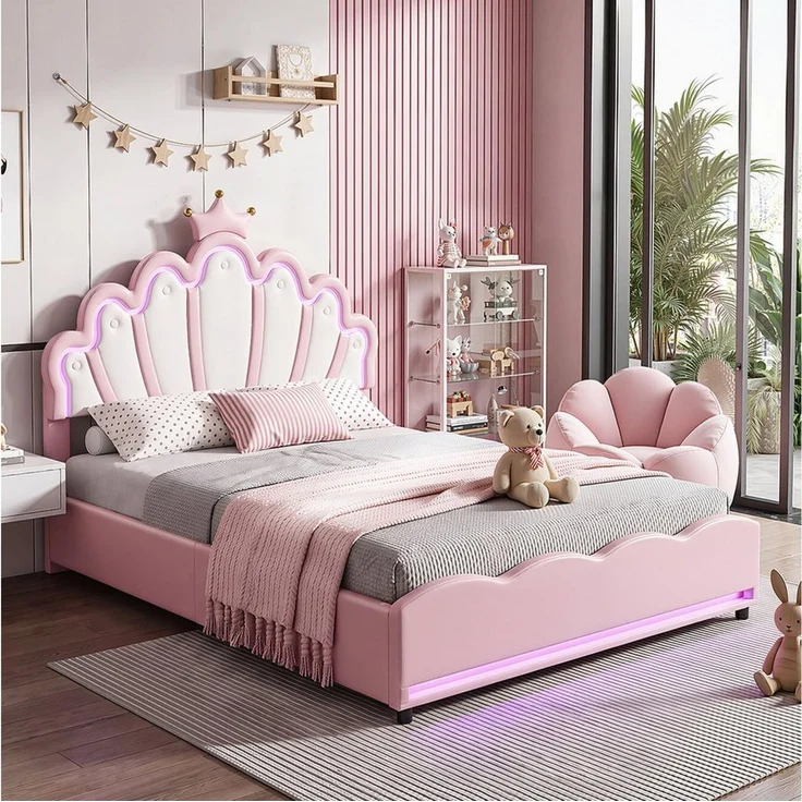 oyajia Polsterbett LED Kinderbett mit krone-Form Prinzessinnenbett (PU-Leder material Polsterbett mit Lattenrost und verstellbares gepolstertes Kopfteil), Modernes Jugendbett, Leises Design, Einfach zu montieren und stabil – Bild 3