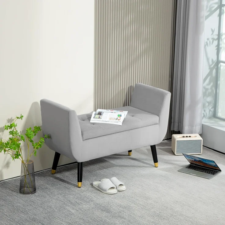 HOMCOM Sitzbank mit Stauraum Armlehnen, Samtartiges Polyester (Truhenbank, 1-St, Polsterbank), Gummiholz Hellgrau 107 x 42 x 65 cm – Bild 1