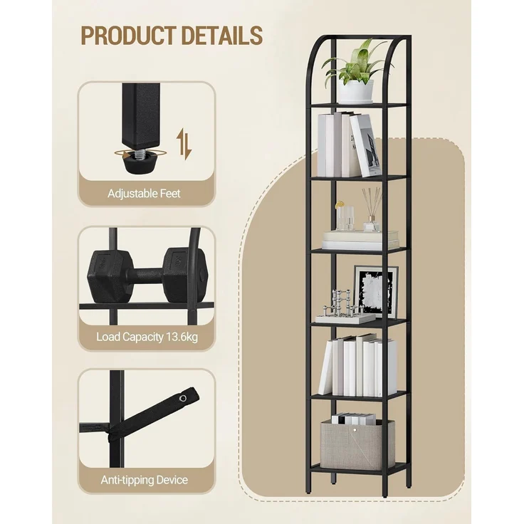 Bücherregal, 6 Ebenen Standregal, DVD-Regal, Schmale Regale, Offenes Regal, Industriestil, Metallrahmen, Geeignet für Arbeitszimmer, Wohnzimmer, Schlafzimmer, Küche, Schwarz – Bild 5