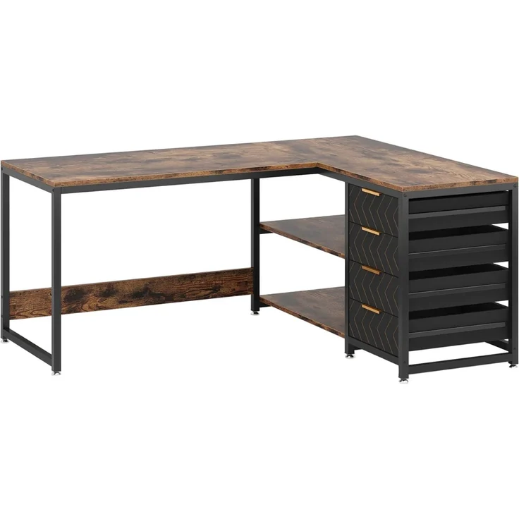 Stilvoll Computertisch,Bürotisch,Arbeitstisch,Eckschreibtisch,L-förmiger Schreibtisch (nur Tisch)--Schwarz, Rustikales Braun--150x110x75cm--YOUDENOVA – Bild 7