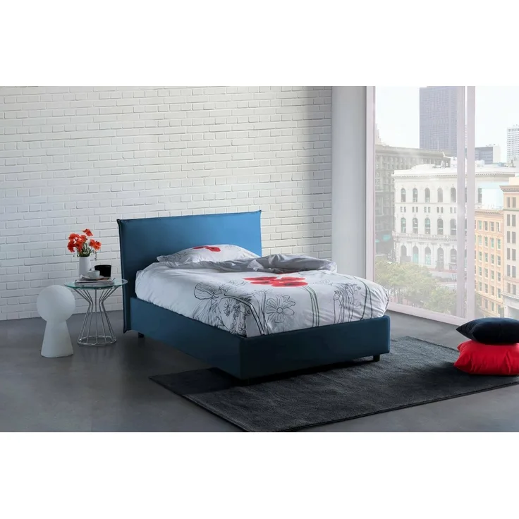 Talamo Italia Bett Veronica eineinhalb mit Container, Made in Italy, Kopfteil und Bezug aus Stoff, Frontöffnung, passend für Matratze 120x190 cm, Blau