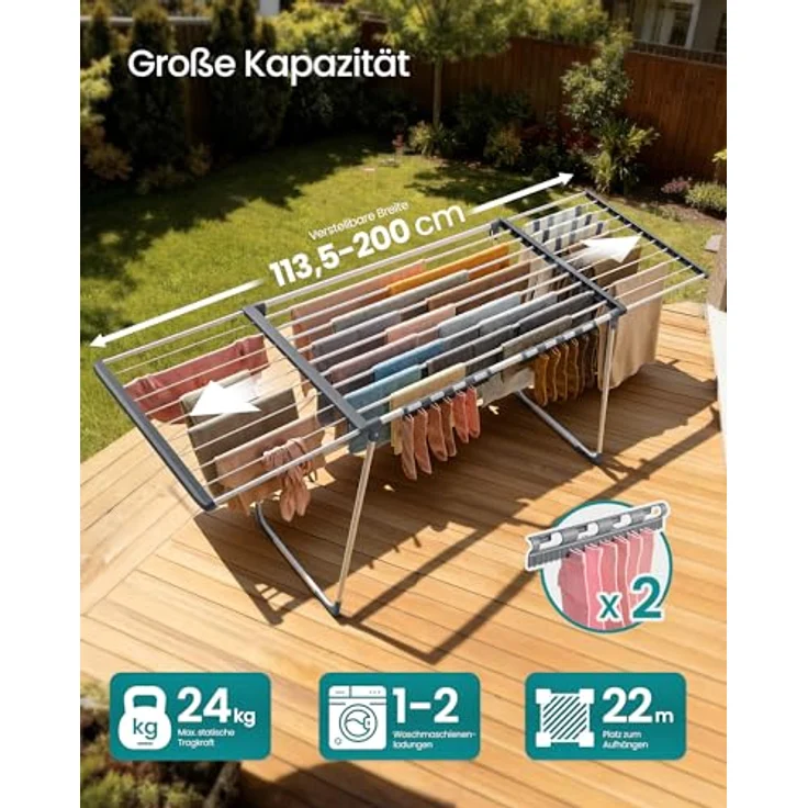 SONGMICS Wäscheständer, Standtrockner, ausziehbare Flügel, Flügelwäscheständer, 22 m Trockenfläche, Flügelwäschetrockner mit Sockenhalter, klappbar, perlweiß-Taubengrau LLR522WK01 – Bild 4