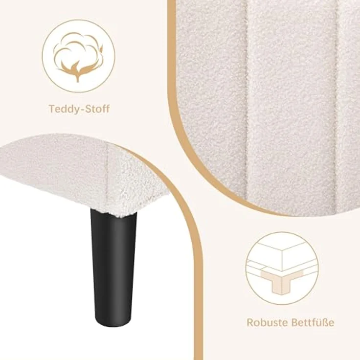 Polsterbett 140x200 cm Doppelbett, Bettgestell aus Teddy-Stoff mit höhenverstellbarem Kopfteil und Lattenrost aus Massivholz, 20 cm Stauraum unter dem Bett, modern, geräuscharm, beige – Bild 7