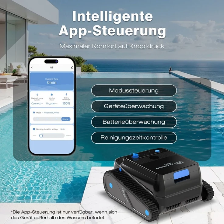 EVERCROSS BOT U8 Poolroboter Wand und Boden, Intelligenter Navigation, 120 Min Akkulaufzeit, Kabellos Poolsauger bis 200m² Pools (Schwarz-APP) – Bild 2