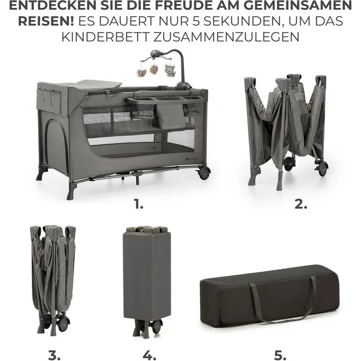 Kinderkraft Joy 2 Acc Kinderbett, 3 in 1 Kinderreisebett, Babybetten, Kinderbett, Reisebett, Modernes Design, Kleine Abmessungen nach Zusammenklappe, Praktisches Zubehör, Räder, Dunkelgrau – Bild 2