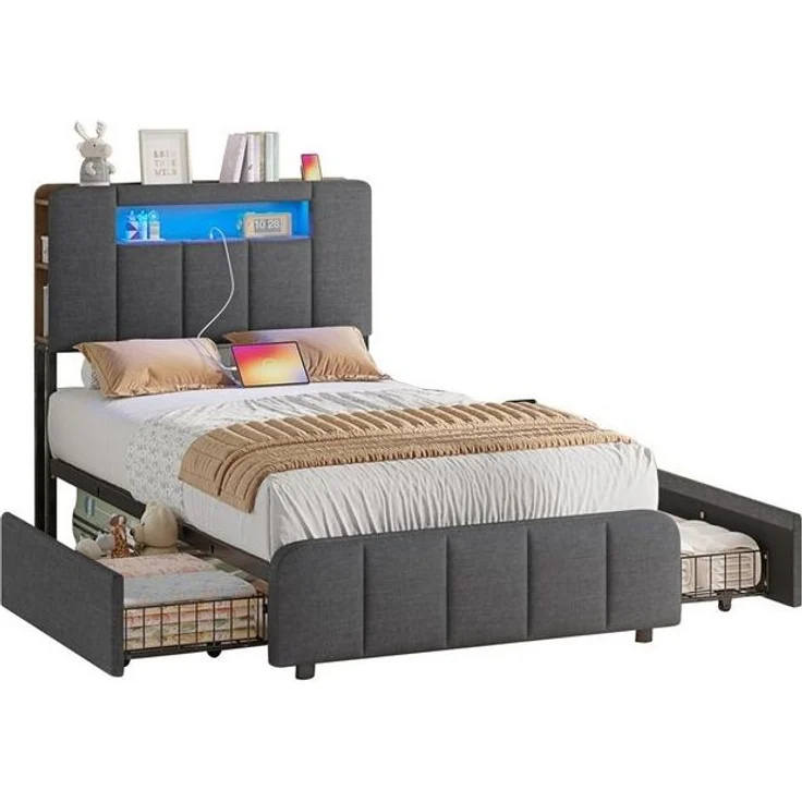 MSMASK Polsterbett mit 2 Schubladen, LED-Beleuchtung und Ladestation (Ohne Matratze), Kinderbett Jugendbett Einzelbett 90x200 cm – Bild 4