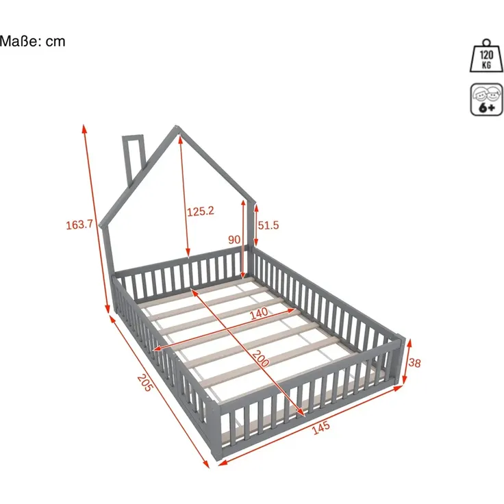 Hausbett mit Lattenrost und Rausfallschutz, 140x200 cm, Kinderbett, Jugendbett, Kiefer – Bild 4