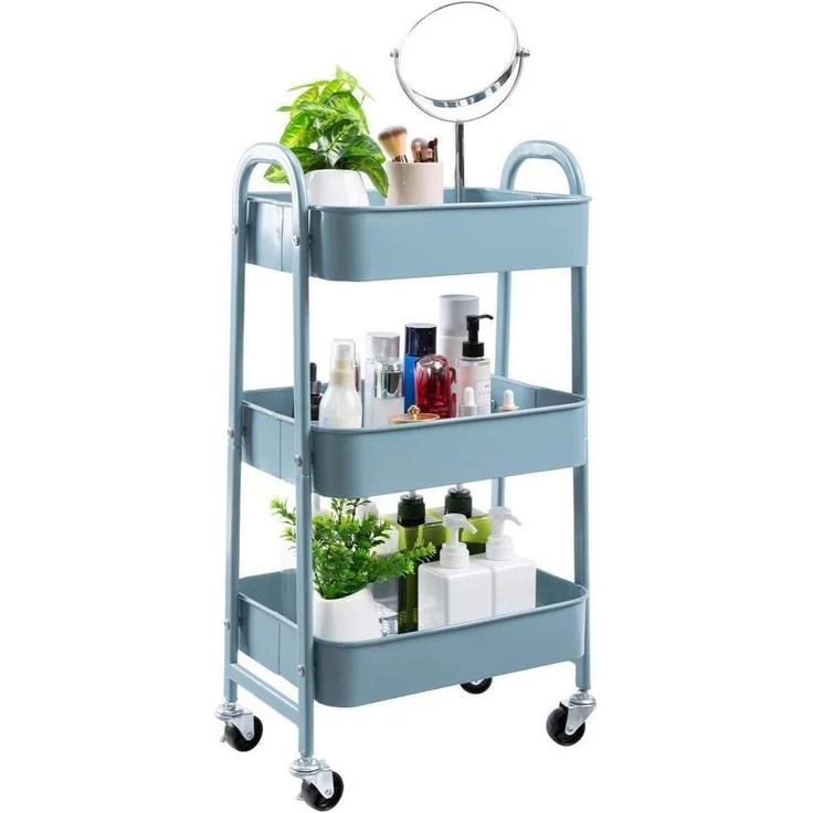 Rollwagen Küchenwagen - 3-Etagen Metall Utility Cart mit Rädern - Grau Blau – Bild 3