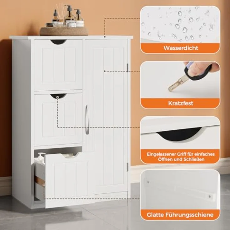 Sweetcrispy Badezimmerschrank 22 Inches Hoch Modern, mit 3 Schubladen & 1 Tür, Hochglanz Weiß mit Einboden & Großem Stauraum, Schmale Badkommode, Badezimmer Kommode – Bild 9