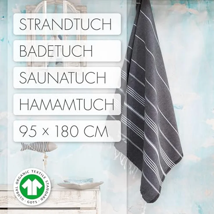 LeStoff Hamamtuch - 100% Bio-Baumwolle, 95 x 180 cm, Schnelltrocknend, Saugstark, Leicht, Campinghandtuch, Reisehandtuch, Badetuch groß (Schwarz) – Bild 2
