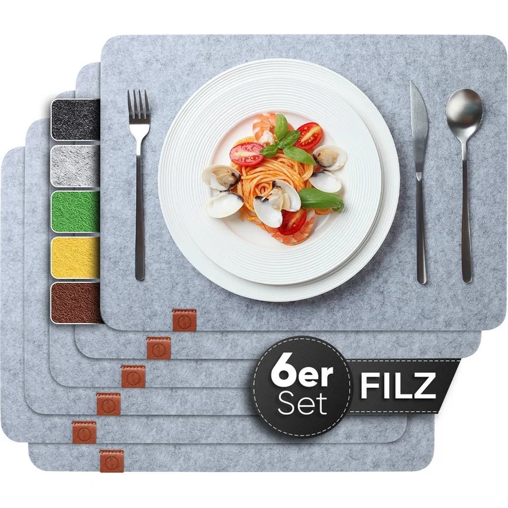 Loco Bird Platzset Tischset aus Filz, 6er Set Rechteckig, Platzsets 44x32 cm, (Tischset in hellgrau), abwischbare Tischuntersetzer Platzdeckchen – Bild 1