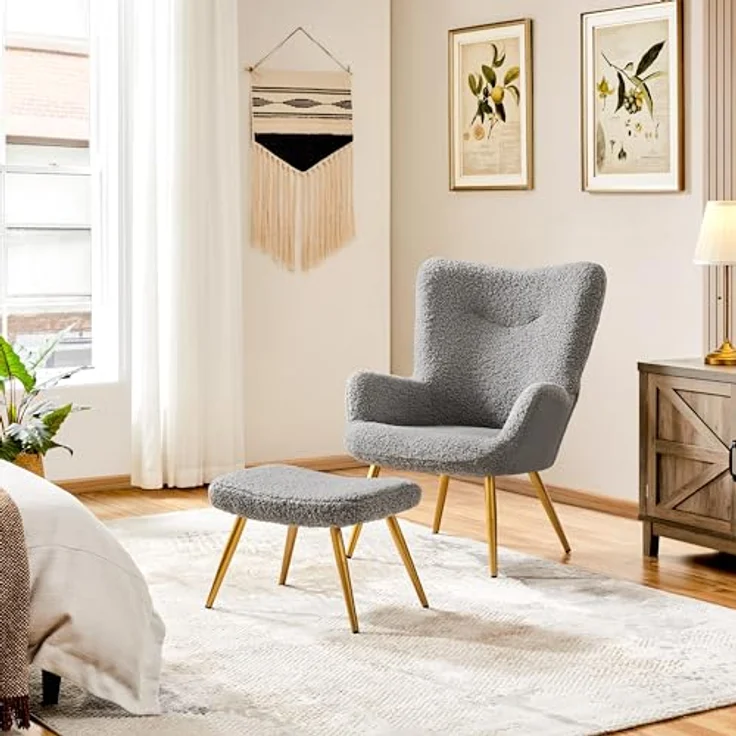 Yaheetech Ohrensessel mit Hocker Polyester-Bezug, Fernsehsessel Armlehnensessel Polstersessel Relaxsessel Cocktailsessel Teddy-Plüsch Stilvolles Design Grau – Bild 5