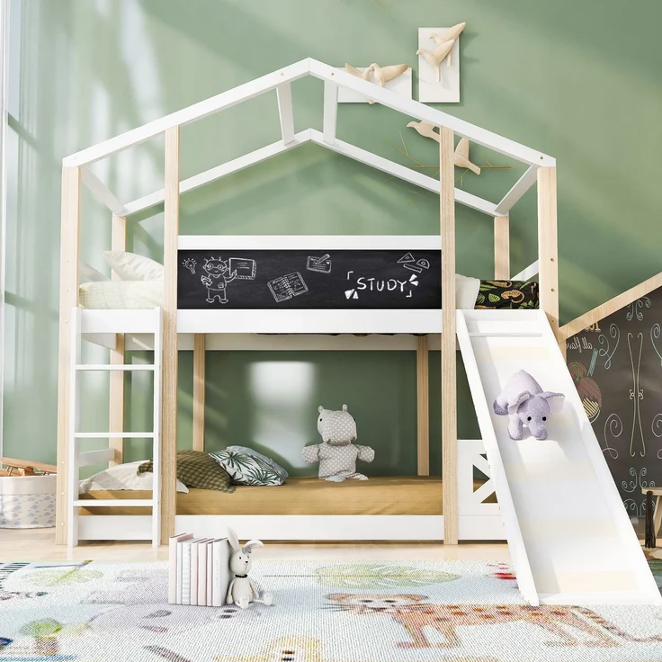 Etagenbett 90x200 cm mit Rutsche & Tafel, Hausbett aus Kiefer, Hochbett mit Leiter, sicher & spielerisch für Kinderzimmer – Bild 4
