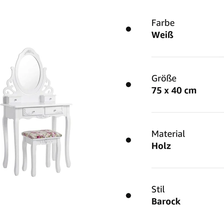 Songmics Schminktisch Aushöhlen Frisertisch mit Spiegel u. Hocker, 4 Schubladen inkl. 2 Stück Unterteiler, Kippsicherung, weiß RDT04W – Bild 17