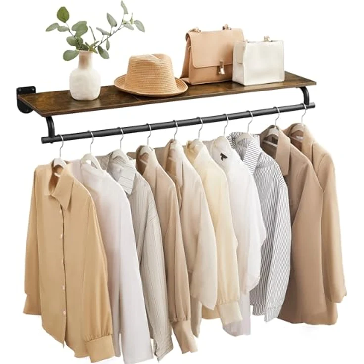 SONGMICS Wandgarderobe, Garderobe, Wandregal mit Kleiderstange, Gesamtbelastbarkeit 60 kg, 28 x 109 x 13,2 cm, für Schlafzimmer, Ankleidezimmer, vintagebraun-tintenschwarz HSRDE135B01 – Bild 2