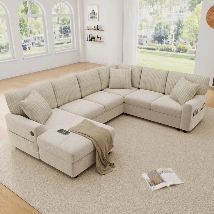 ZUBALIYA Modulare Wohnlandschaft, mit USB-C-Anschluss, H 83 × T 196 × B 249 cm, Beige, Chenille / Cord – Bild 5