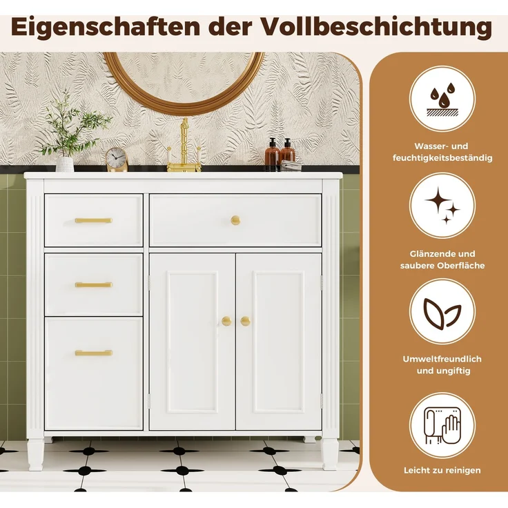 91*46,5*87 cm, freistehender Waschtisch, lackierte Oberfläche, integriertes Keramikbecken, Soft-Close-Scharniere, geräuschlose Auszüge, 3D-Rahmendesign, Klappschublade, weiß. – Bild 7