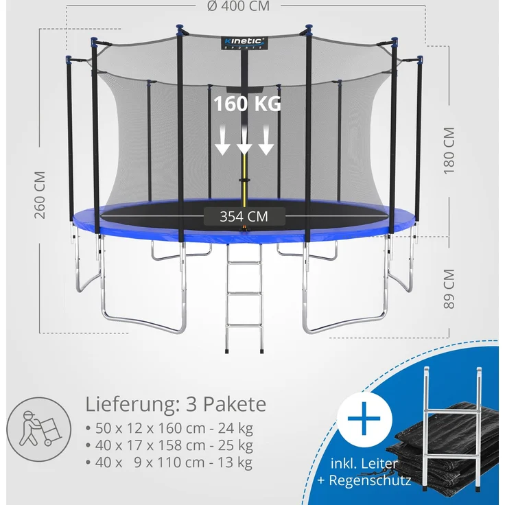 KINETIC SPORTS Trampolin Outdoor 'Salto Plus' - Komplett-Set für Kinder, USA Sprungtuch, Netz, Randpolster, Leiter, Blau-2, Ø 400 cm – Bild 7