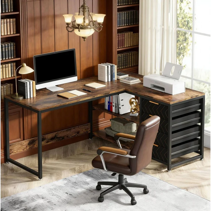 Eckschreibtisch aus Holzwerkstoff mit 4 Schubladen und Regal, 150x110x75 cm, Schwarz/Rustikales Braun – Bild 3
