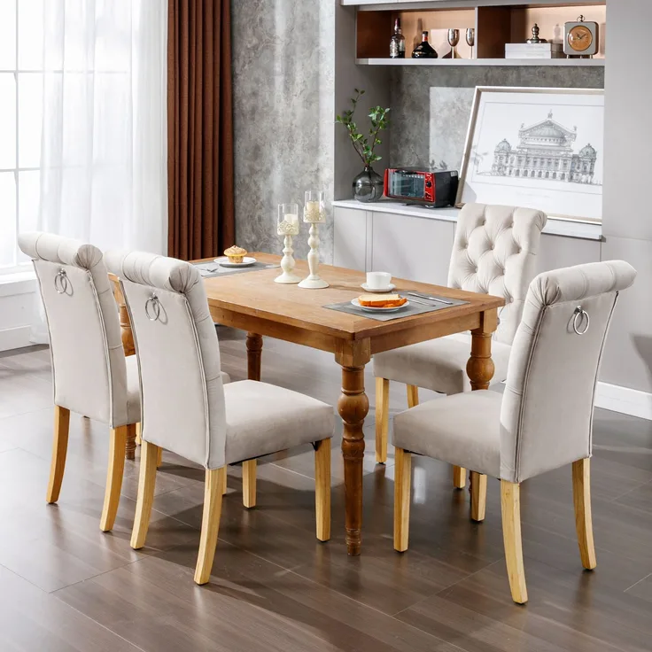 Esszimmerstuhl 4er-Set, Samt mit Eichenbeinen & Knopfheftung, 100 x 63 x 43, Beige