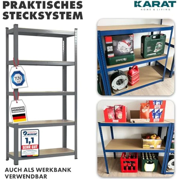 KARAT Schwerlastregal, 2er Set, 30 x 75 x 150 cm Steckregal, Kellerregal, Lagerregal - TÜV/GS-geprüft - 5 verstellbare Böden (Verzinkt) – Bild 5