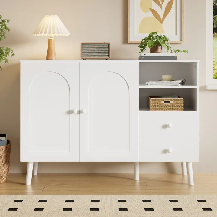Merax Sideboard, gewölbte Türen, Holzgriffe, Holzfüße, mit 2 Türen, 2 Schubladen und 2offenem Fach, Mehrfachaufbewahrung, Weiß