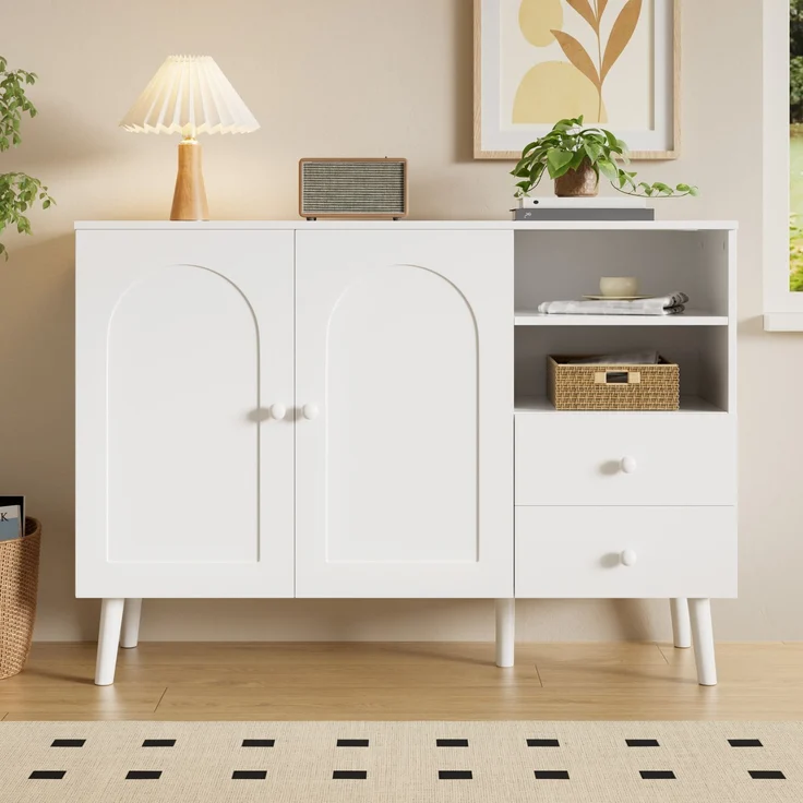 Merax Sideboard, gewölbte Türen, Holzgriffe, Holzfüße, mit 2 Türen, 2 Schubladen und 2offenem Fach, Mehrfachaufbewahrung, Weiß – Bild 1