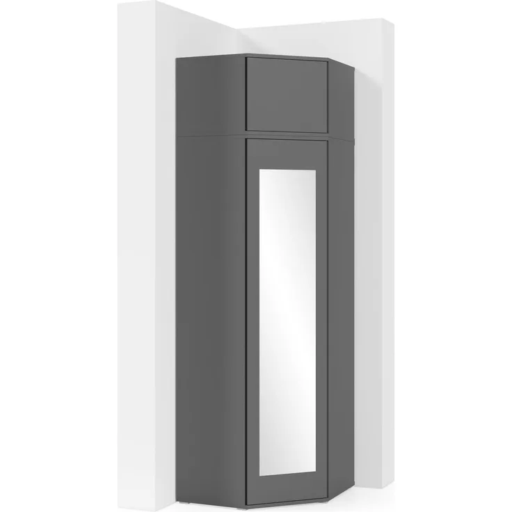 Eckschrank Modulo, Kleiderschrank mit Spiegel und Schrankaufsatz, Graphit Matt, 225 x 70 x 70 cm
