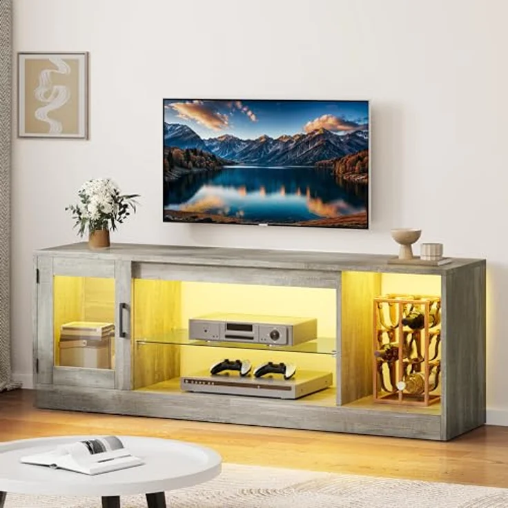 YITAHOME 148cm TV Schrank für Fernseher bis 65 Zoll mit 7 RGB LED 22 Modi Lichter Fernseher Gaming Entertainment Center, TV Lowboard mit verstellbaren Glasablagen Ständer für Wohnzimmer, Schlafzimmer – Bild 6