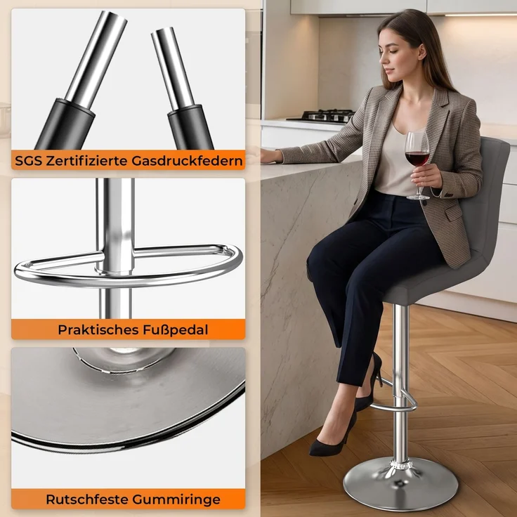 Botifly 2er Set Barhocker Grau Kunstleder, Höhenverstellbar 60-80cm, 360° Drehbar mit Fußstütze, SGS Zertifiziert für Küche, Bar & Theke – Bild 5