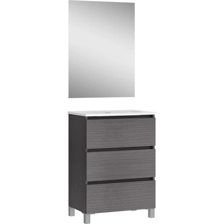 Baikal, Natura Badezimmerschrank mit reduziertem Boden, mit Keramikwaschbecken, DREI Schubladen, montierter Schrank, DREI Schubladen mit Spiegel, Boden 39 cm, 60 cm, Asche