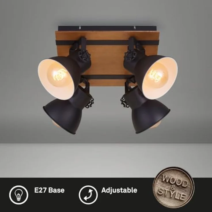 Briloner Leuchten Deckenlampe retro mit Holzbalken, 4-flammige Deckenleuchte vintage, E27 Fassung max. 40 Watt, verstellbare Lampenschirme, rustikaler Deckenspot, Schwarz-Weiß-Holz, 1 Stück (1er Pack) – Bild 3