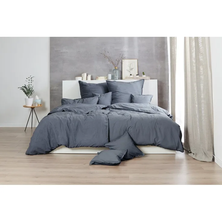 Hahn Baumwolle Stone Washed Kissenbezug Anthrazit 40x40 cm