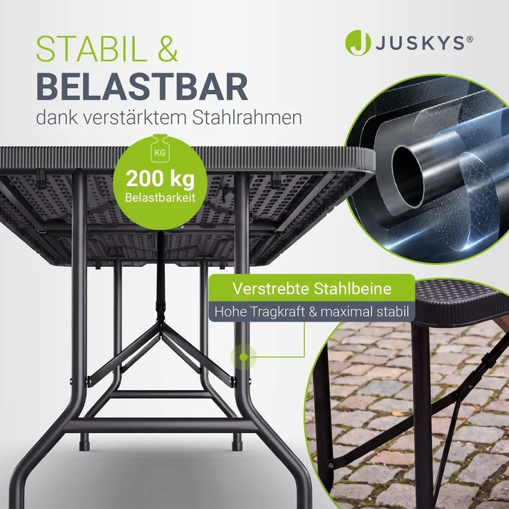 JUSKYS® Klappbarer Gartentisch Easyfold Schwarz - Wetterfester, Klapptisch mit Tragegriff, stabiler multifunktionaler Buffettisch, 180x74x74 cm, 200 kg belastbar – Bild 4