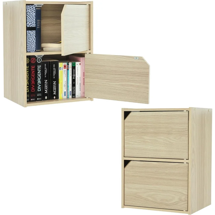 Iris Ohyama, Beistellmöbel, Set mit 2 Holzregalen, Design, Solide, Modern, Büro, Schlafzimmer, Wohnzimmer - MDB-2D - Hellbraun