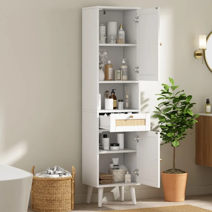 Flieks Badezimmer-Hochschrank 40x30x166 cm, Badschrank aus weißem MDF mit Rattan-Türen, Schublade, Soft-Close & wendbarer Montage – Bild 3
