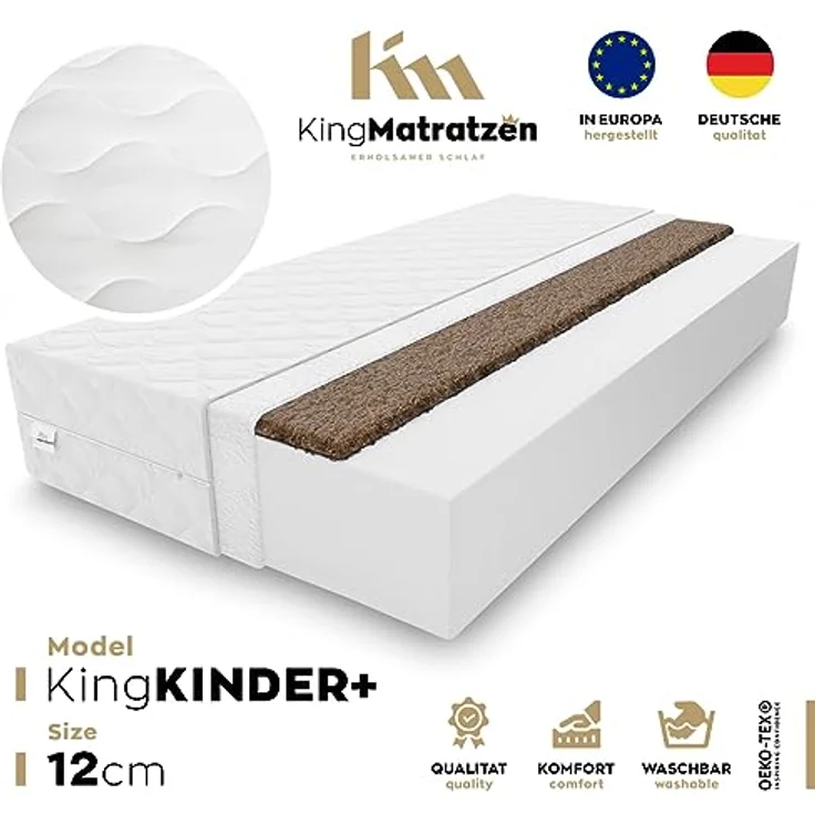 Kaltschaummatratze KingKINDER PLUS 140x200x12cm aus hochwertigem Kaltschaum, KingMatratzen, 12 cm hoch, Rollmatratze mit waschbarem Bezug und Kokosmatte – Bild 3