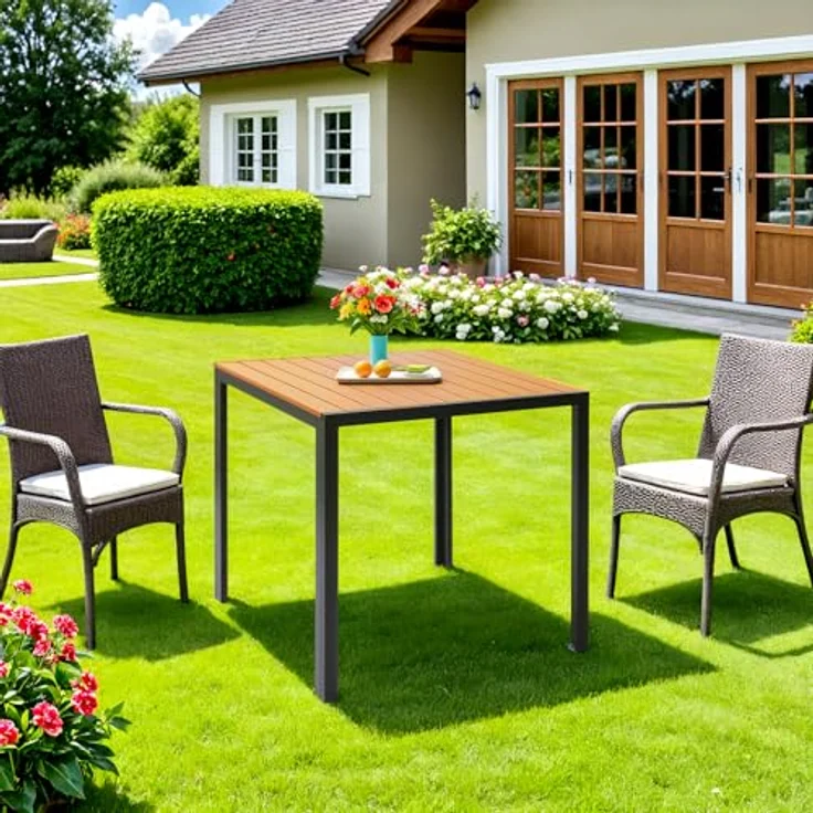 Clevich Gartentisch Wetterfeste, 75x75 cm, Outdoor-Esstisch, WPC Balkontisch, Aluminiumrahmen, Wetterfeste Gartenmöbel, Quadratischer Terrassentisch, Teakbraun – Bild 6