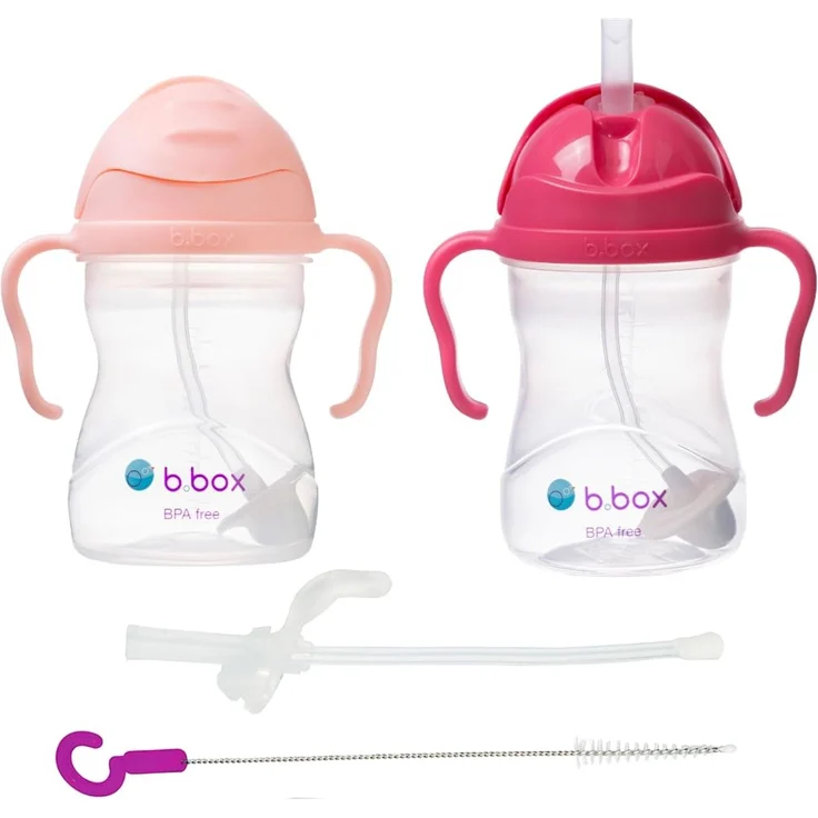b.box Trinklernbecher 2er Pack mit Ersatzstrohhalme und Reinigungsbürste | Flip-Top, Schwerer Strohhalm, Griff, Auslaufsicher | BPA-Frei & für Spülmaschine | Ab 6 M | 2 x 240 ml
