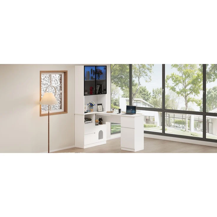 ZUBALIYA Eckschreibtisch mit Regal und LED-Vitrinenschrank 120×80×180 cm – Schreibtisch mit Kabeldurchlass, 3 Schubladen, 2 Türen, offenen Fächern & Haustierfach,Ein Eckschreibtisch mit eingebautem Bücherregal – Bild 11